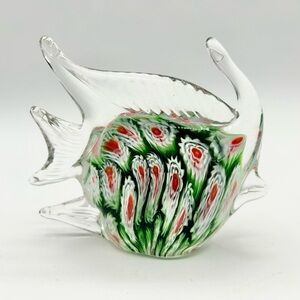 Art Glass Millefiori Fish Figurine Clear Green Red White 3.75" x 4.25"